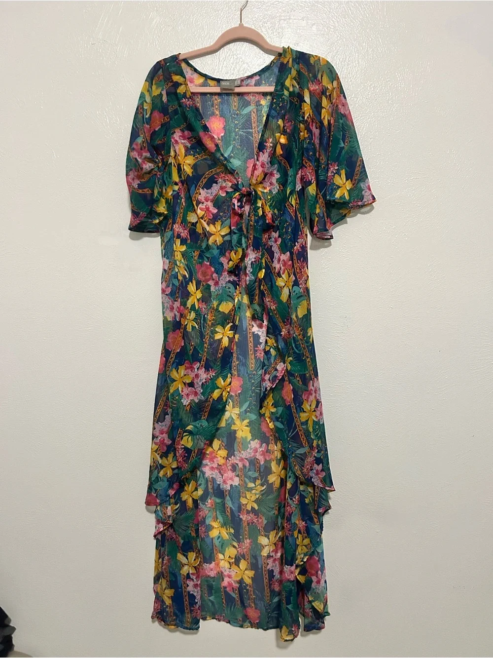 ASOS Green Sheer Floral Tie-Front Pareo dress with Pink & Yellow Blooms